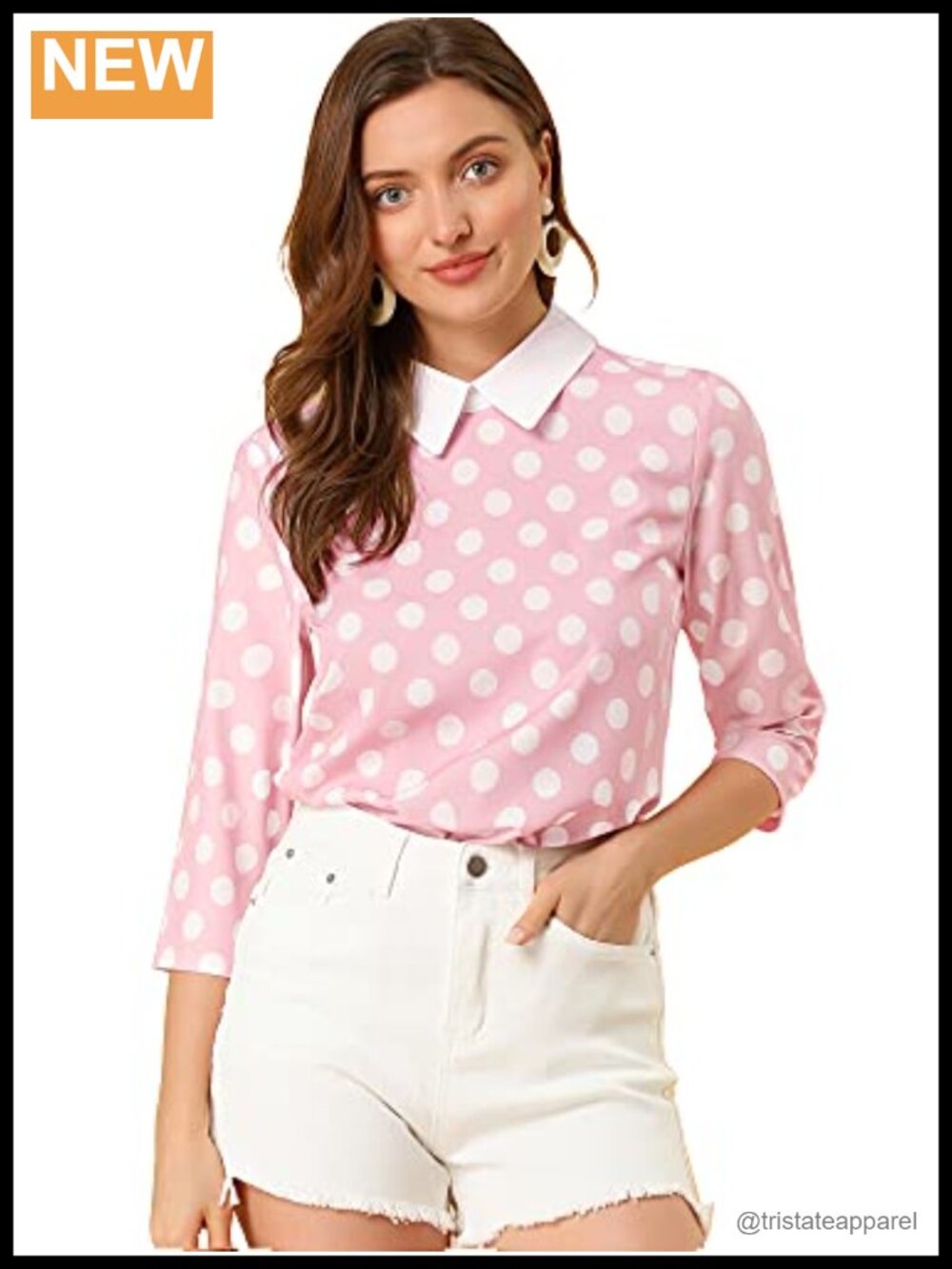 Women's Polka Dot Peter Pan Collar 3/4 Sleeve Blouse Top